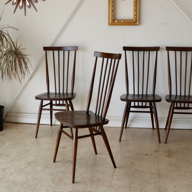 【希少】アーコール（ERCOL）スティックバックチェア【ハイバック/ブラウン】４脚　商品番号【021011b】