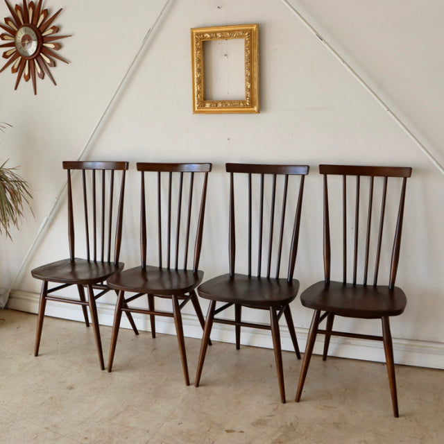 【希少】アーコール（ERCOL）スティックバックチェア【ハイバック/ブラウン】４脚　商品番号【021011b】
