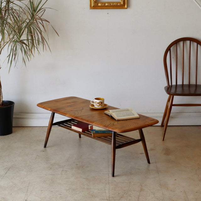 アーコール（Ercol）無垢コーヒーテーブル・マガジンラック付き【ブラウン】商品番号【021081】