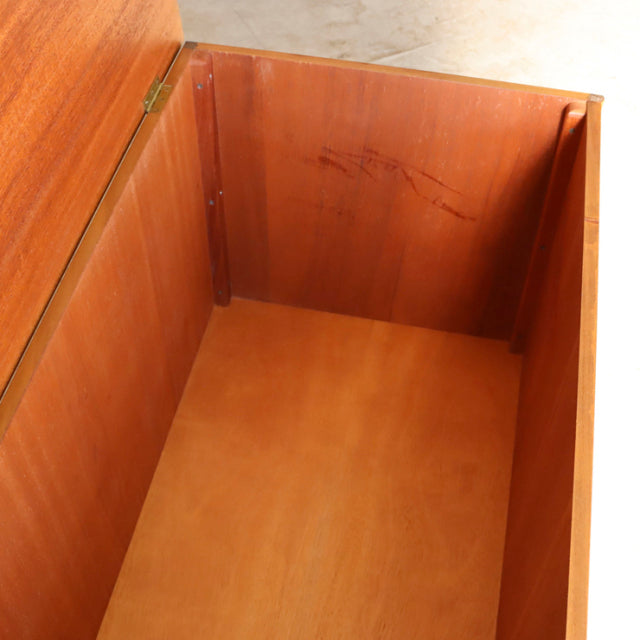 Open vintage teak storage box by British brand Sutcliffe of Todmorden showing smooth wood grain and clean mid-century.