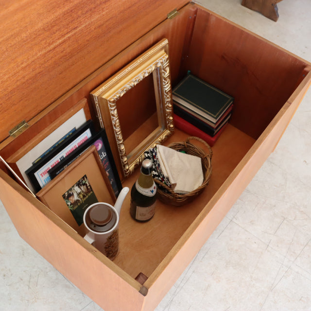Open vintage teak storage box by Sutcliffe of Todmorden showing rich wood grain, brass hinges, and mid-century British.