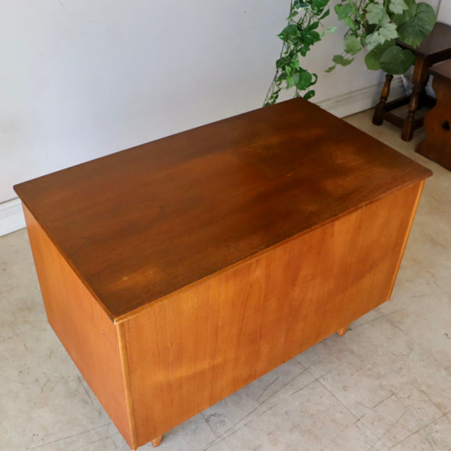 Vintage teak storage box by Sutcliffe of Todmorden with smooth wood grain and clean mid-century British design.