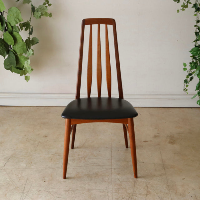 Mid-century Danish teak dining chair by Koefoeds Hornslet with vertical slat back and black leather seat, vintage British.
