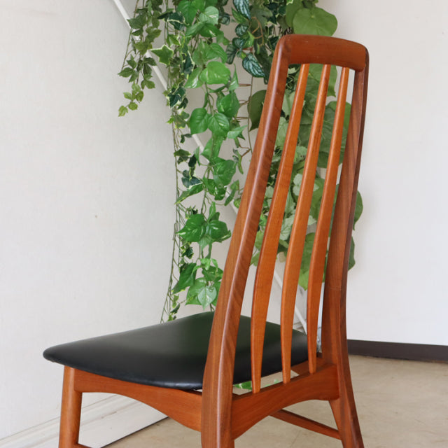 Vintage Danish teak dining chair by Koefoeds Hornslet with tall slatted back and black leather seat, mid-century British.