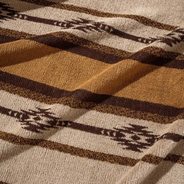 Brown and beige cotton pile blanket with native border pattern, vintage British style, soft texture.