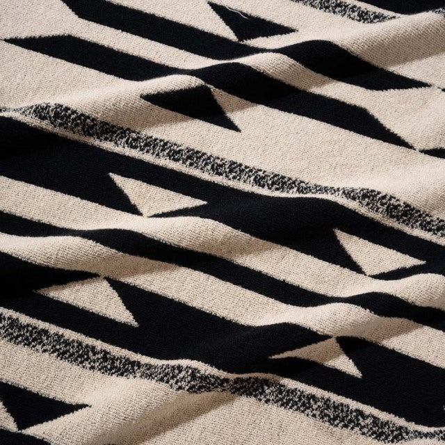 Black and beige cotton pile blanket with bold native pattern, mid-century vintage style.