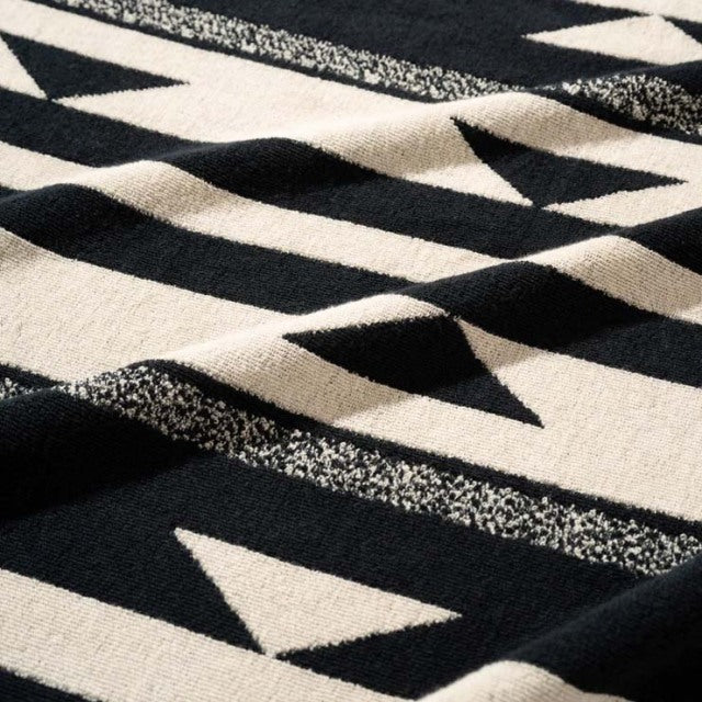 Black and white Native motif cotton pile blanket with textured geometric patterns and soft weave.