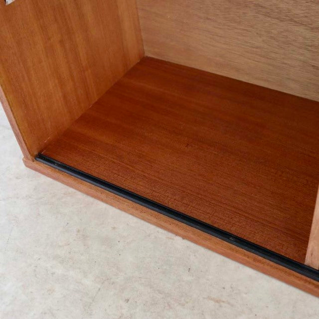 Vintage teak mid-century Avalon lowboard interior showing rich wood grain and smooth finish from British-Denmark design.