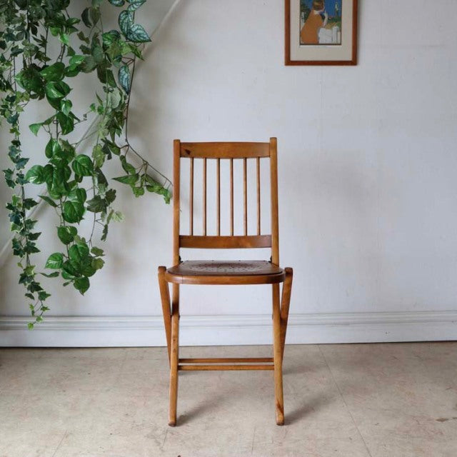 Vintage mid-century British teak folding chair with vertical slat back and slender legs against white wall with green plant.