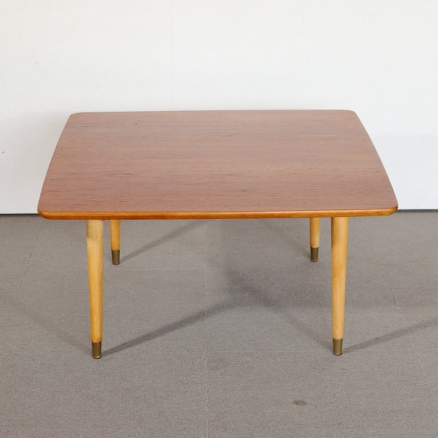 Vintage mid-century teak coffee table with square top, tapered legs with brass caps, Scandinavian British-Denmark design.