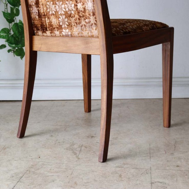 Mid-century British G-Plan dining chair set of four in vintage teak with angled legs and patterned fabric upholstery,.