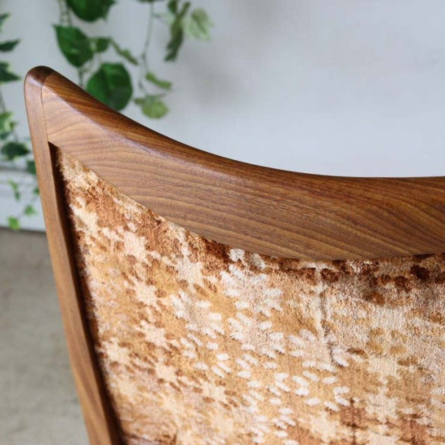 Vintage British G-plan dining chair back with smooth teak wood frame and textured mid-century Denmark-style fabric upholstery.