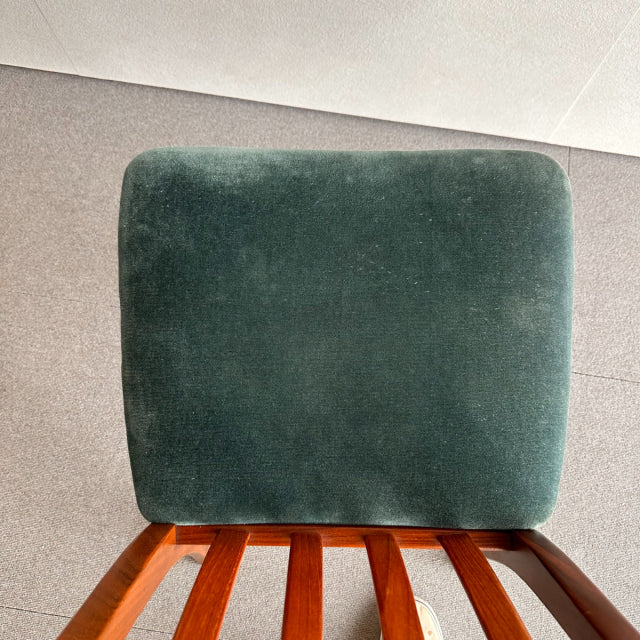 Vintage teak G-Plan chair seat with dark green upholstered cushion and mid-century British design.