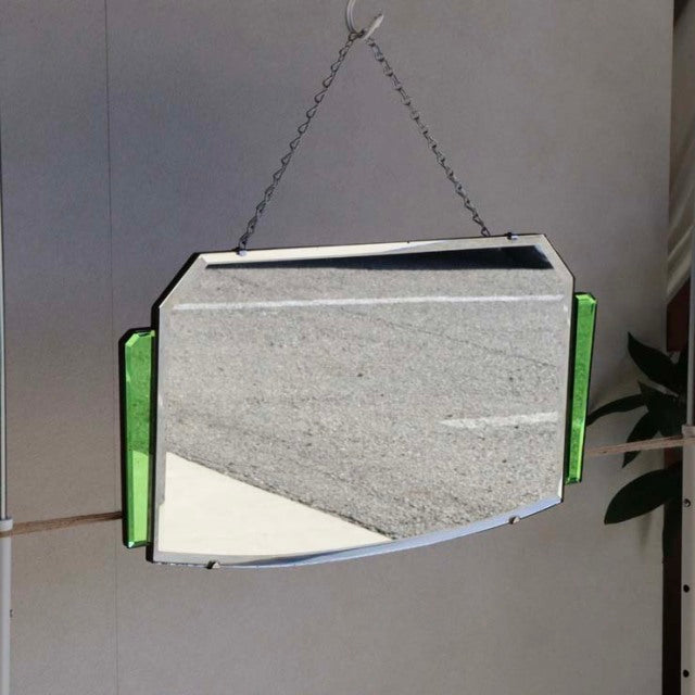 Vintage mid-century British teak wall mirror with green glass side panels and chain hanger.