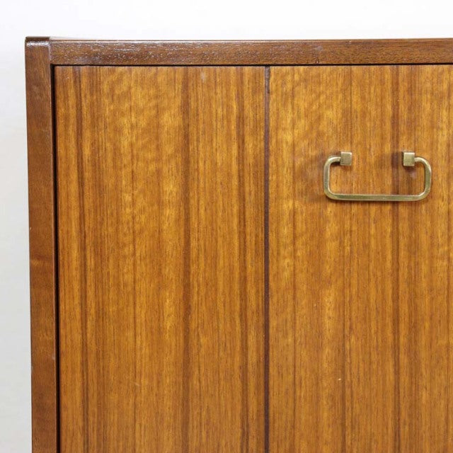Vintage teak G-PLAN Goldstamp sideboard door with vertical wood grain and brass mid-century handle.