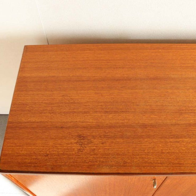 Vintage teak mid-century sideboard top with fine wood grain, smooth finish from British-Denmark design.