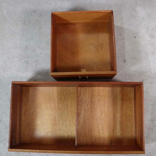Vintage teak drawer from British mid-century G-Plan highboard, smooth wood grain, clean edges, sturdy construction.