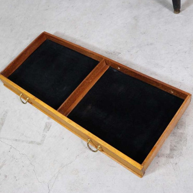 Vintage teak mid-century British G-Plan Librenza highboard drawer with black velvet lining and brass handles.