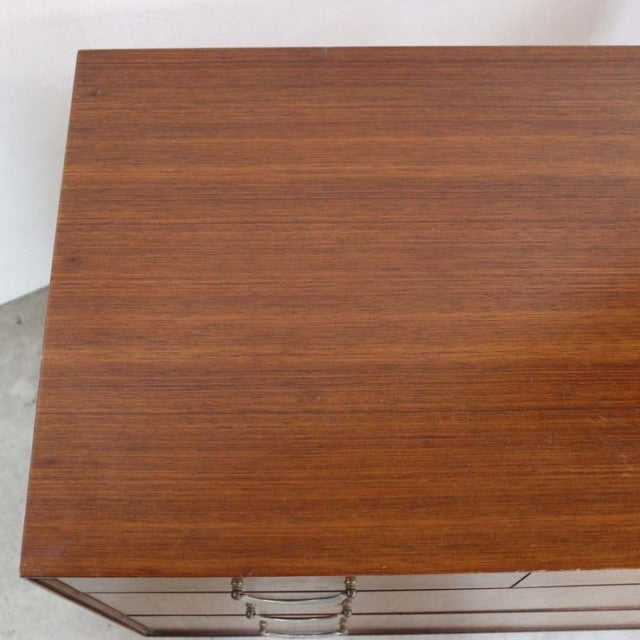 Vintage mid-century teak chest by Meredew, smooth wood grain top, British-Denmark design, clean-lined surface.
