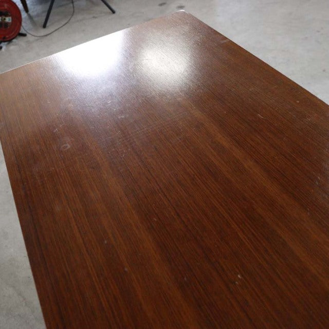 Vintage teak tabletop with rich wood grain, smooth mid-century finish, British Meredew craftsmanship.