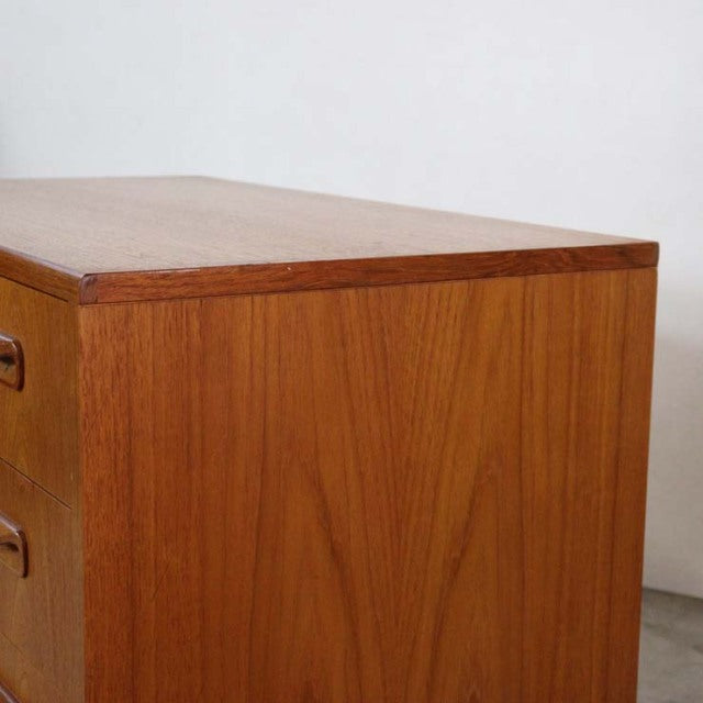 Vintage teak G-Plan Fresco three-drawer chest with clean lines, British mid-century design, and tapered legs.