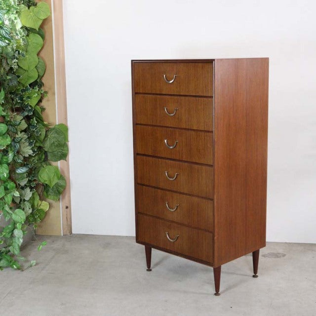 Vintage mid-century teak chest of drawers by Meredew, British design with six drawers and tapered legs.