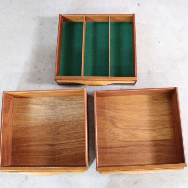 Three teak drawers for mid-century Jentique sideboard, two plain wood and one with green felt dividers.