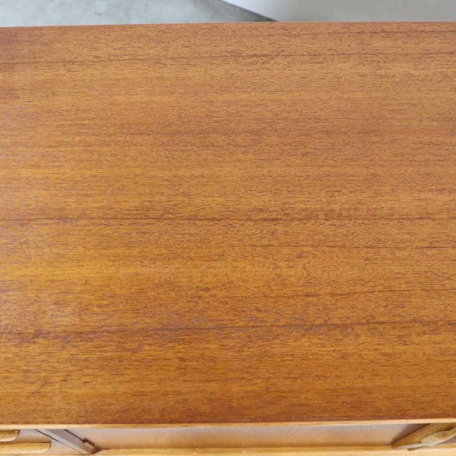 Vintage mid-century teak sideboard top with rich wood grain, smooth finish, and warm British-Denmark design.