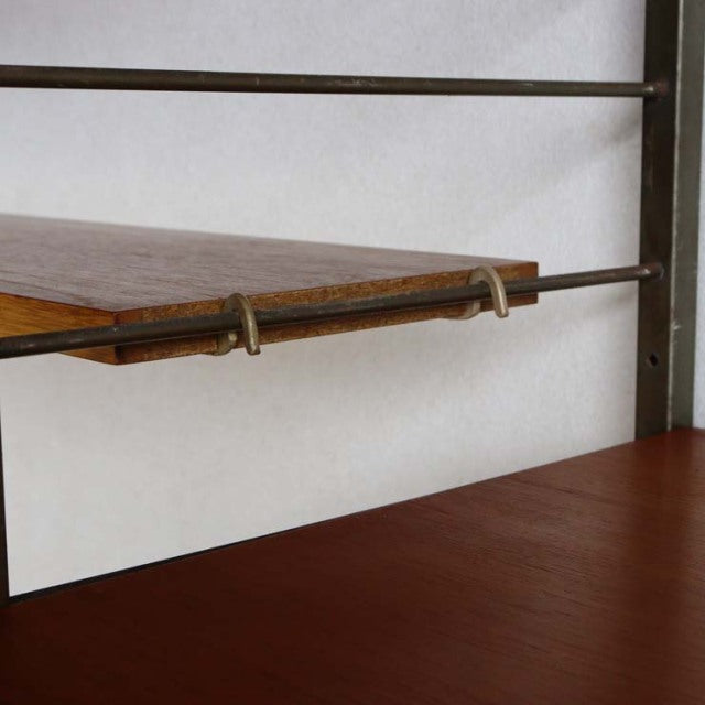 Mid-century British Ladderax unit shelf with teak wood grain and dark metal frame brackets from Staples, vintage Denmark.