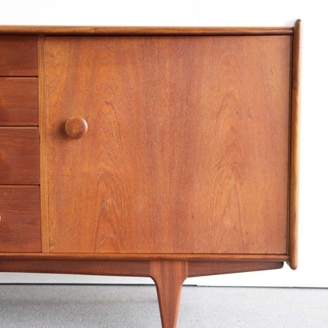 Vintage teak mid-century sideboard by YOUNGER with smooth wood grain and rounded wooden knob, British-Denmark design,.