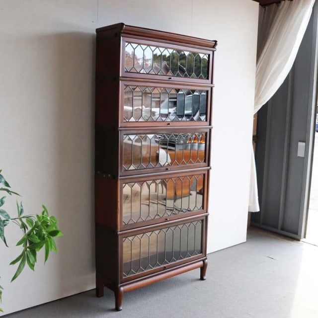 Vintage teak Globe Wernicke glass bookcase with four stacked cabinets, British mid-century design, detailed wood grain and.