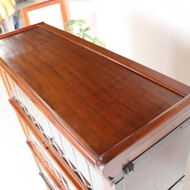 Vintage teak Globe Wernicke glass bookcase top with rich wood grain and mid-century British craftsmanship.