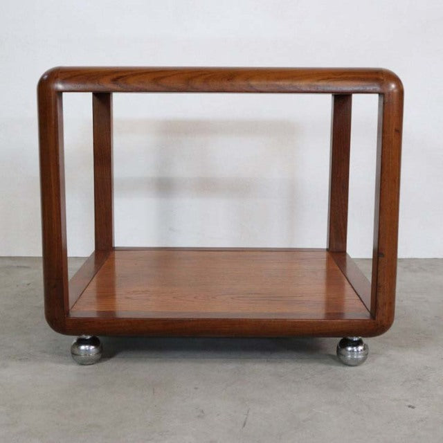 Vintage G-Plan mid-century British teak cube coffee table with rounded edges and chrome ball feet.