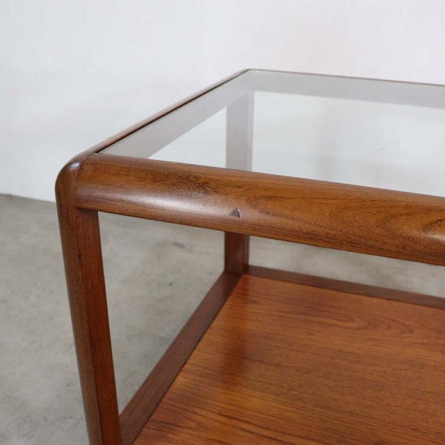 Vintage G-Plan mid-century teak coffee table with rounded edges and clear glass top, British design influenced by Danish.