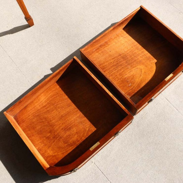 Mid-century vintage British teak desk with rich wood grain and deep storage compartments, Denmark influence visible in clean .