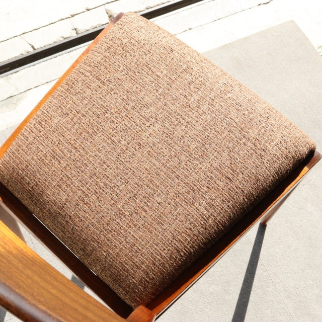 Vintage McIntosh teak dining chair cushion with textured brown mid-century fabric seat from Denmark.