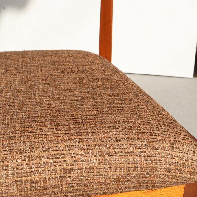 Vintage McIntosh mid-century dining chair with teak frame and textured brown fabric seat, slim tapered legs, British-Denmark .