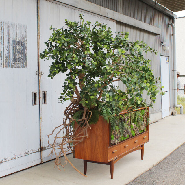 Vintage teak British mid-century G-Plan sideboard with three drawers, clean wood grain, and tapered legs, outdoors beside.