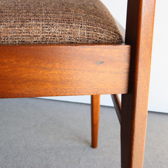 Vintage McIntosh mid-century teak dining chair leg and frame with textured brown fabric seat, British Denmark design.