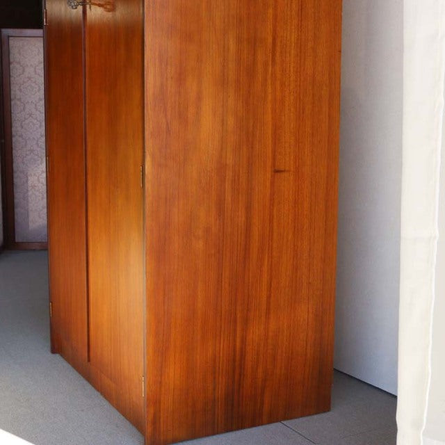 Vintage mid-century teak wardrobe by William Laurence, British-Denmark inspired, smooth wood grain, clean lines, sturdy.