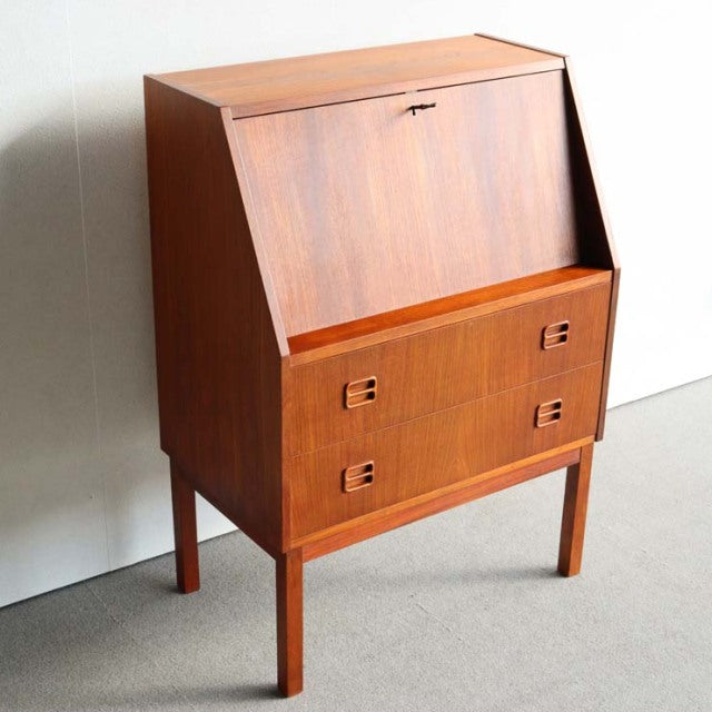 Vintage Danish teak bureau desk by Gunnar Nielsen Tibergaard, mid-century British design, clean lines, rich wood grain,.