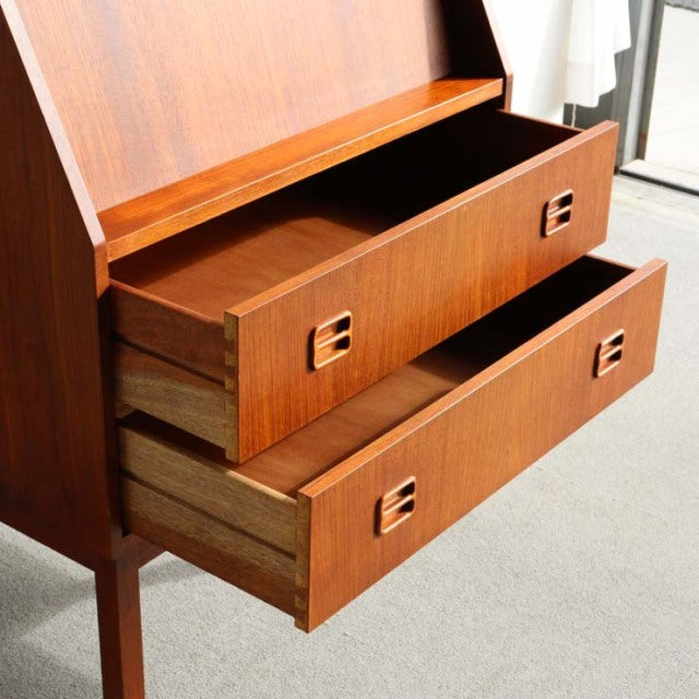 Vintage mid-century teak bureau by Gunnar Nielsen Tibergaard, Danish design with clean lines and square recessed drawer.