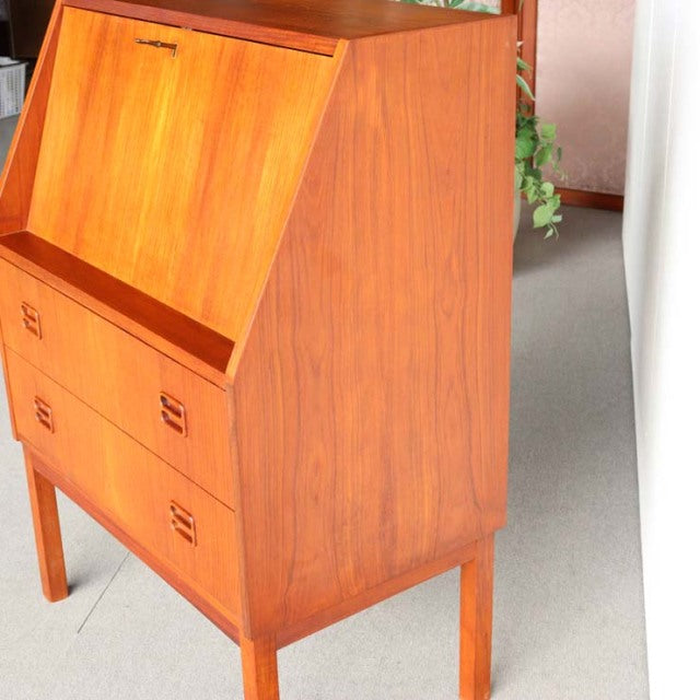 Mid-century vintage teak bureau by Gunnar Nielsen Tibergaard, Danish design with clean lines, angled drop-front, and square.