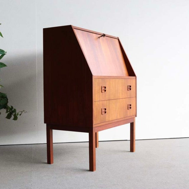 Vintage mid-century teak bureau by Gunnar Nielsen Tibergaard, Danish design with clean lines, angled drop-front desk, two.