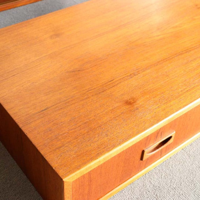 Vintage mid-century teak cabinet by Preben Sørensen for Randers Møbelfabrik, smooth grain, integrated handle, warm Denmark.