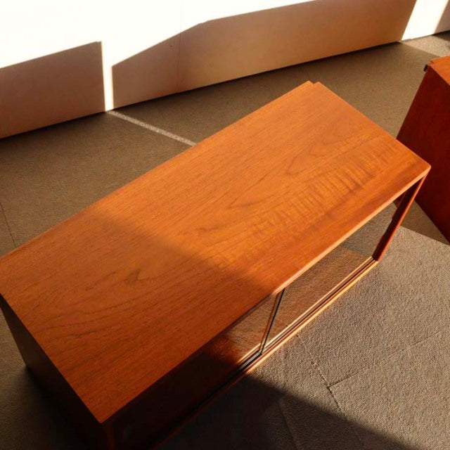 Mid-century vintage Danish teak cabinet by Preben Sørensen for Randers Møbelfabrik with clean lines and visible wood grain.