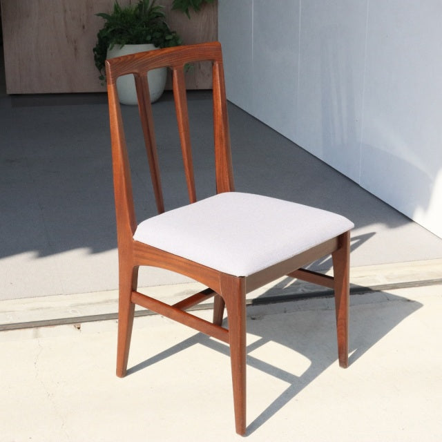Vintage teak mid-century dining chair by Younger, British design with vertical slat back and white cushioned seat, clean.