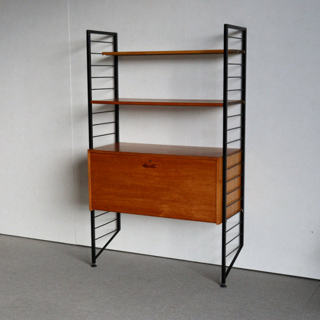 Vintage British Ladderax unit shelf with teak wood panels, black metal frame, mid-century Denmark design, featuring two open .