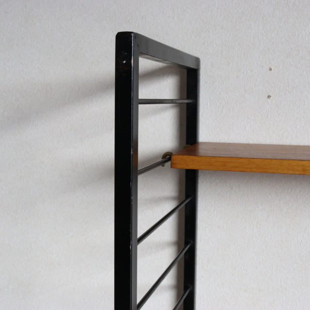 Vintage Ladderax shelving unit with teak wood shelf and black metal frame, mid-century British design from Staples,.
