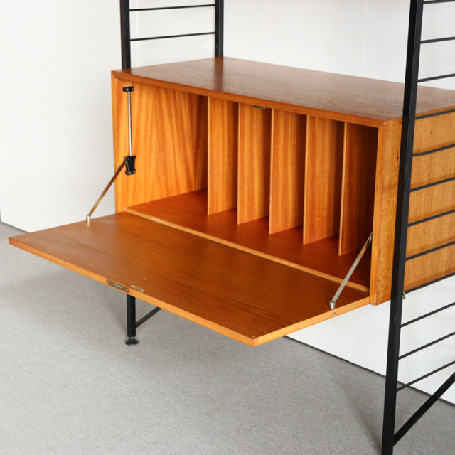 Vintage teak Ladderax Ladderax shelving unit by Staples, British mid-century design with black metal frame and vertical wood .